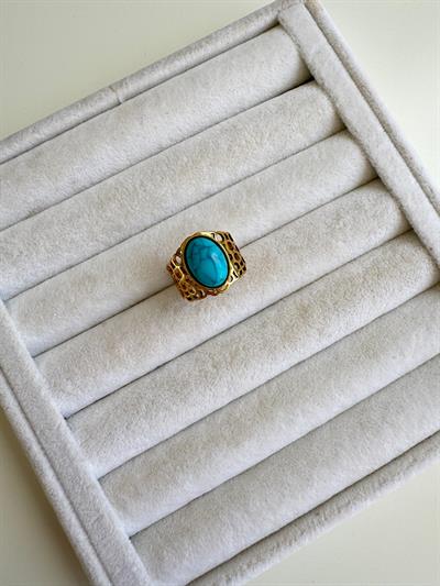 Çelik Mavi Taşlı Oval Otantik Yüzük