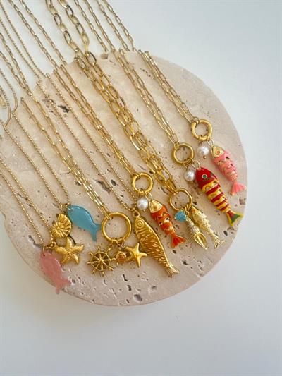 Çelik Charmlı Pembe Balık Kolye