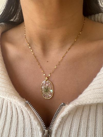 Çelik Çiçek Detaylı Şeffaf Kolye