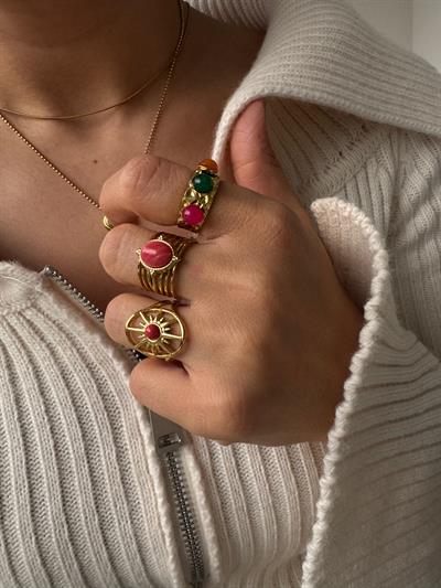 Çelik Dokulu Renkli Taşlı Otantik Yüzük