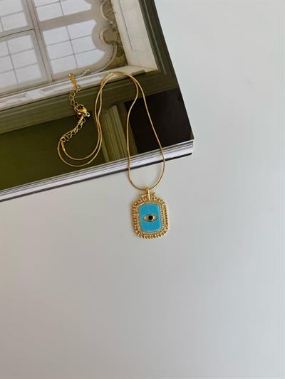 Çelik Mavi Göz Detaylı Dikdörtgen Kolye
