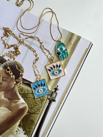 Çelik Göz Detaylı Mavi Kare Kolye