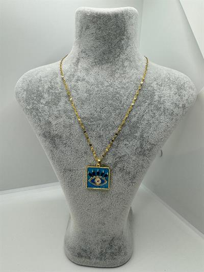 Çelik Göz Detaylı Mavi Kare Kolye