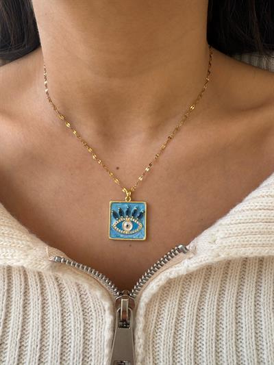 Çelik Göz Detaylı Mavi Kare Kolye