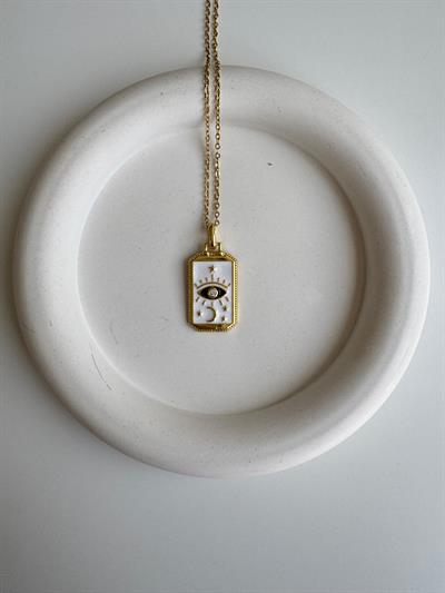 Çelik Beyaz Plaka Göz Detaylı Kolye