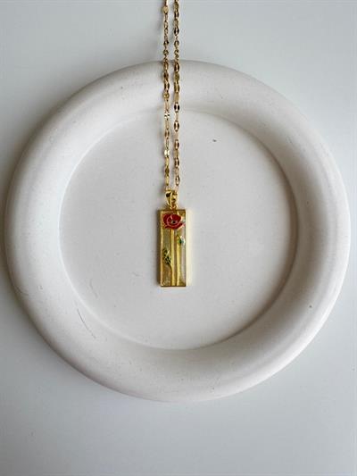 Çelik Gül Detaylı Dikdörtgen Plaka Kolye