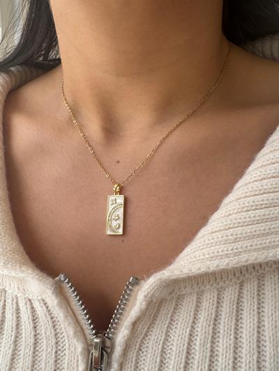 Çelik İnce Dikdörtgen Sedefli Plaka Kolye
