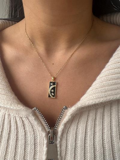 Çelik İnce Dikdörtgen Siyah Plaka Kolye