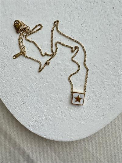 Çelik Kare Sedefli Yıldız Detaylı Kolye