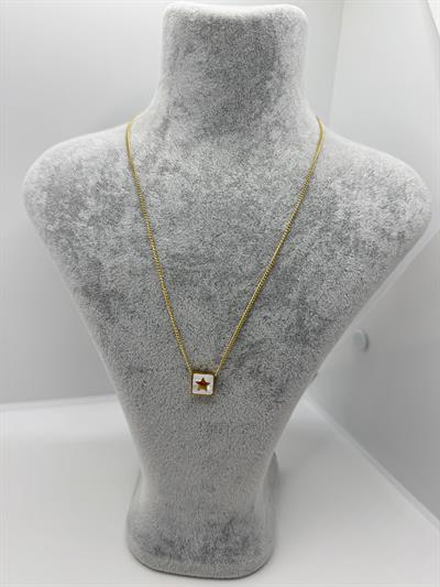 Çelik Kare Sedefli Yıldız Detaylı Kolye