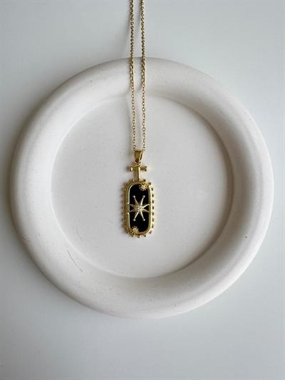 Çelik Siyah Dikdörtgen Taşlı Yıldız Detaylı Kolye