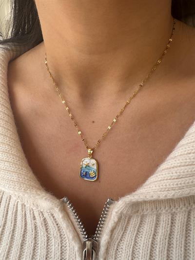 Çelik Mavi-Beyaz Mineli Deniz Figürlü Kolye 