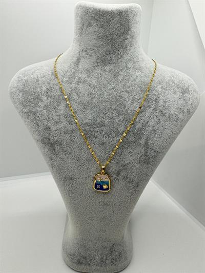 Çelik Mavi-Beyaz Mineli Deniz Figürlü Kolye 