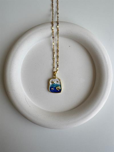 Çelik Mavi-Beyaz Mineli Deniz Figürlü Kolye 