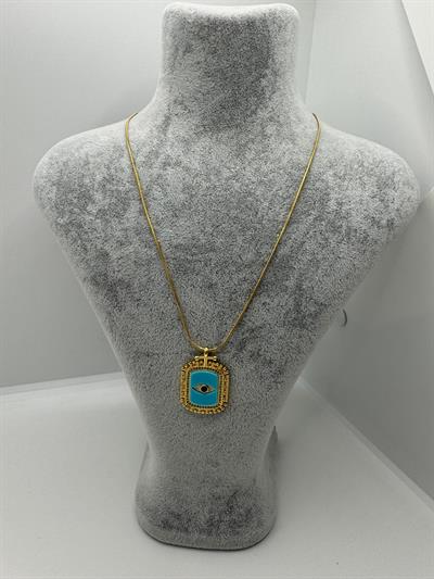 Çelik Mavi Göz Detaylı Dikdörtgen Kolye