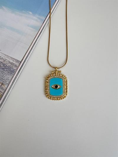 Çelik Mavi Göz Detaylı Dikdörtgen Kolye