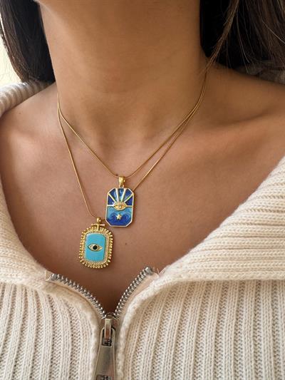 Çelik Mavi Göz Detaylı Dikdörtgen Kolye