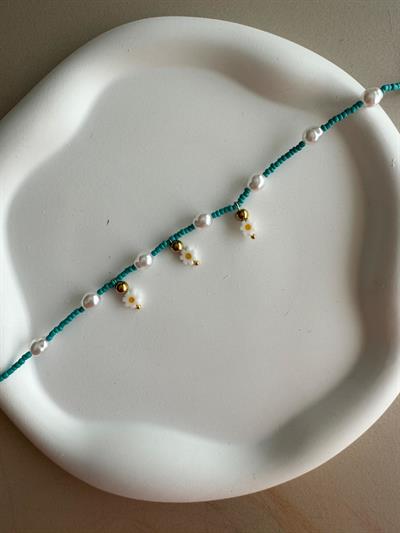 Çelik Mavi Kum Boncuklu Papatyalı Halhal