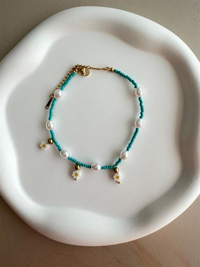 Çelik Mavi Kum Boncuklu Papatyalı Halhal