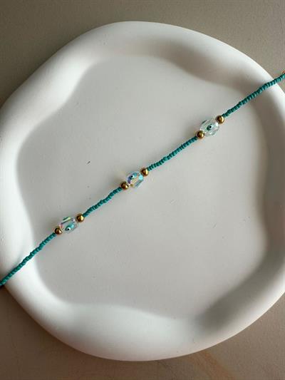 Çelik Mavi Kum Boncuklu Şeffaf Taşlı Halhal