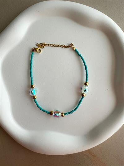 Çelik Mavi Kum Boncuklu Şeffaf Taşlı Halhal