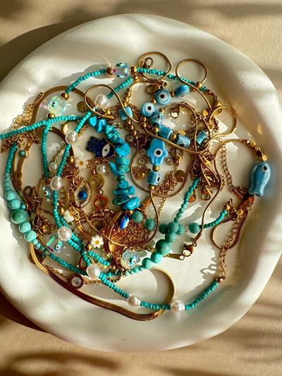 Çelik Mavi Kum Boncuklu Şeffaf Taşlı Halhal