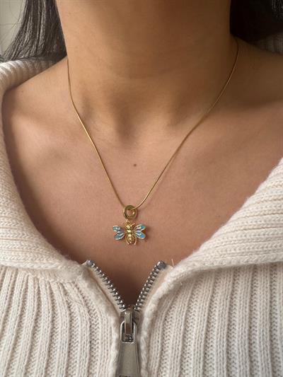 Çelik Mavi-Mor Taşlı Kelebek Kolye