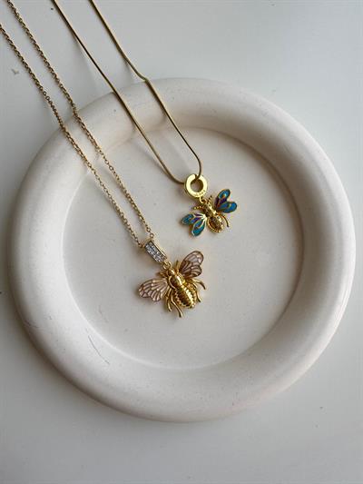 Çelik Mavi-Mor Taşlı Kelebek Kolye