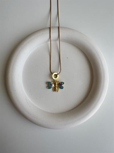 Çelik Mavi-Mor Taşlı Kelebek Kolye