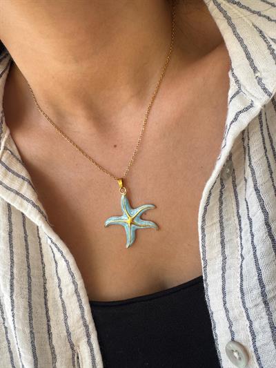 Çelik Mavi Sedefli Deniz Yıldızı Kolyesi