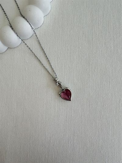Çelik Mor Taşlı Kalp Kolye (silver)