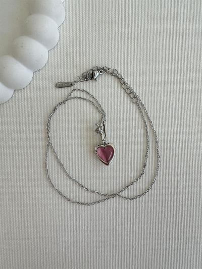 Çelik Mor Taşlı Kalp Kolye (silver)