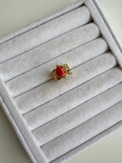 Çelik Oval Çizgi Detaylı Pembe Taşlı Yüzük