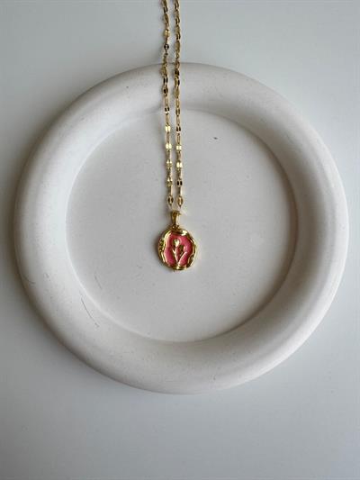 Çelik Pembe Mineli Lale Detaylı Kolye