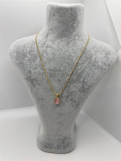 Çelik Pembe Oval Taşlı Kolye