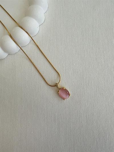 Çelik Pembe Oval Taşlı Kolye