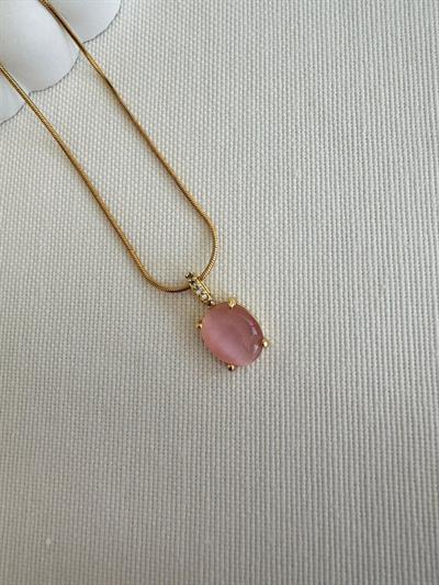 Çelik Pembe Oval Taşlı Kolye