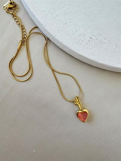 Çelik Pembe Taşlı Kalp Kolye