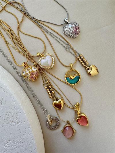 Çelik Pembe Taşlı Kalp Kolye