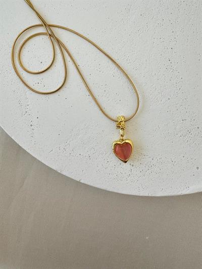 Çelik Pembe Taşlı Kalp Kolye