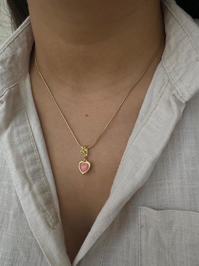 Çelik Pembe Taşlı Kalp Kolye