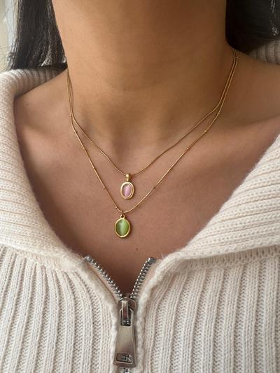 Çelik Pembe Taşlı Opal Kolye