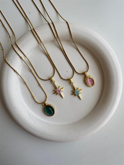 Çelik Pembe Taşlı Opal Kolye