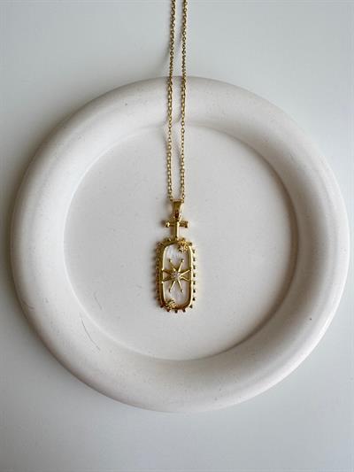 Çelik Sedefli Dikdörtgen Taşlı Yıldız Detaylı Kolye