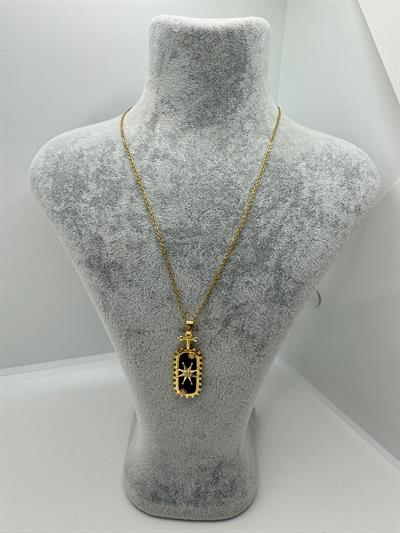 Çelik Siyah Dikdörtgen Taşlı Yıldız Detaylı Kolye