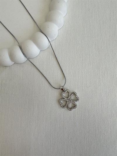 Çelik Taşlı Yonca Kolye (silver)