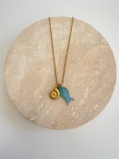 Çelik Topçuk Zincirli Şeffaf Mavi Balık Kolye