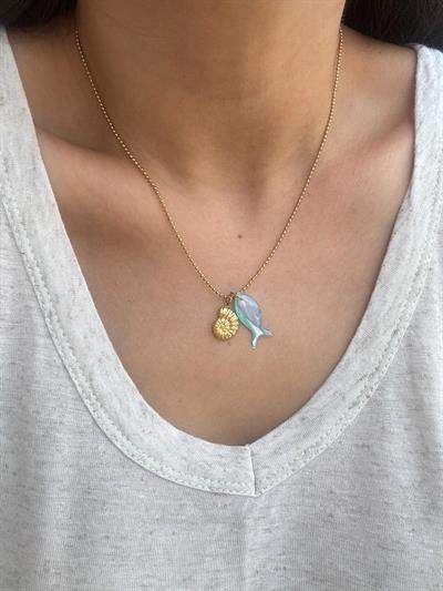 Çelik Topçuk Zincirli Şeffaf Mavi Balık Kolye