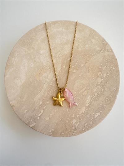 Çelik Topçuk Zincirli Şeffaf Pembe Balık Kolye