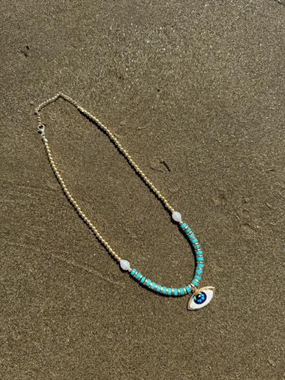 Altın Kaplama Barok İncili Mavi Taşlı Göz Kolye